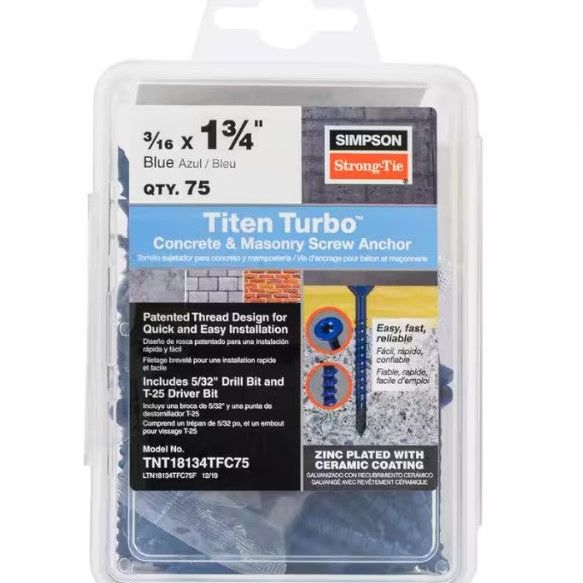 The Simpson Strong-Tie Titen Turbo 3/16 x 1-3/4 in. Flat Head Concrete Screws, Blue (75-Pack), feature a patented reverse thread with Torque Reduction Channel. These zinc plated screws require a 5/32 drill bit and T-25 driver bit.